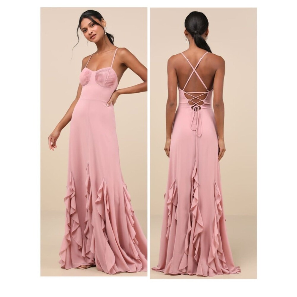 Lulus Priela Pink Ruffled Lace-Up Maxi Dress Size Medium NWT Whimsical Formal